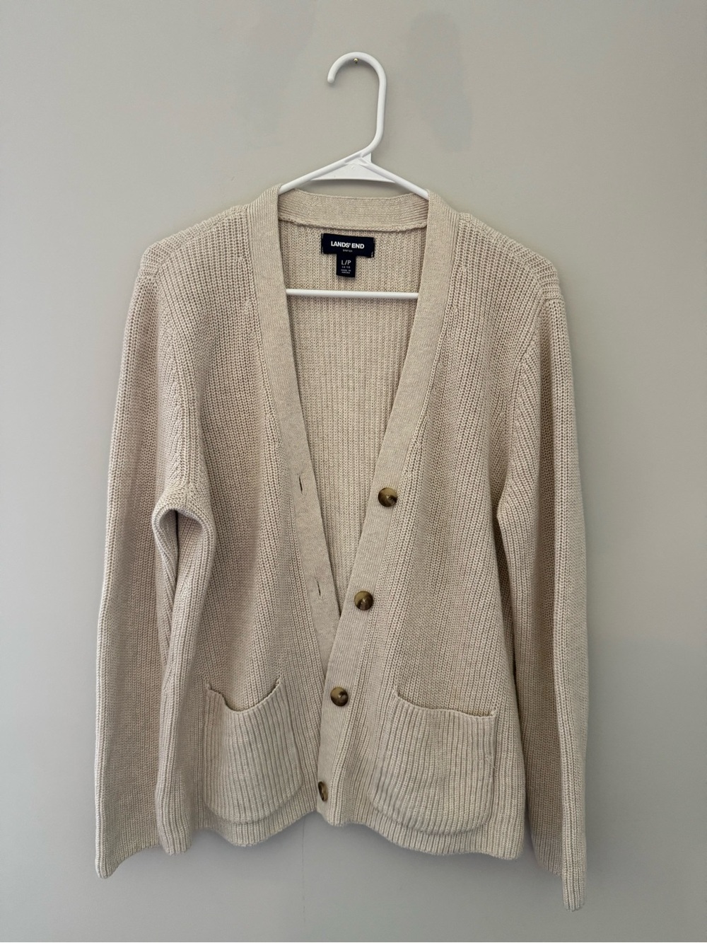 Lands End Drifter Womens L Petite 14-16 Beige Cotton V Neck Cardigan - Picture 3 of 6